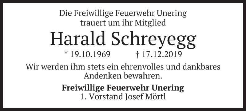  Traueranzeige für Harald  Schreyegg vom 20.12.2019 aus merkurtz