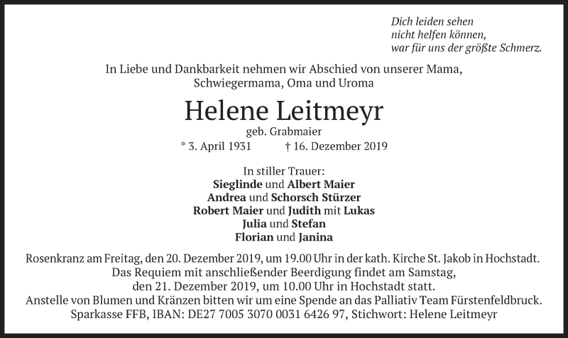  Traueranzeige für Helene Leitmeyr vom 19.12.2019 aus merkurtz