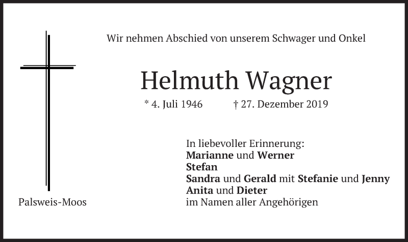  Traueranzeige für Helmuth Wagner vom 31.12.2019 aus merkurtz