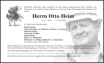 Traueranzeige von Herrn Otto Heim von merkurtz