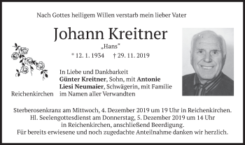 Traueranzeige von Johann Kreitner von merkurtz