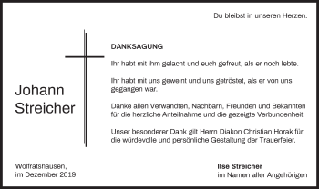 Traueranzeige von Johann Streicher von merkurtz