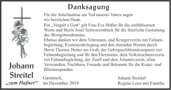 Traueranzeige von Johann Streitel von merkurtz