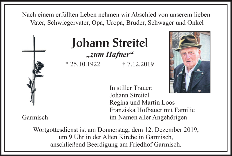  Traueranzeige für Johann Streitel vom 10.12.2019 aus merkurtz