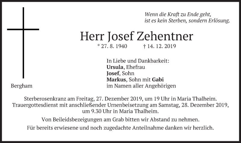  Traueranzeige für Josef Zehentner vom 24.12.2019 aus merkurtz