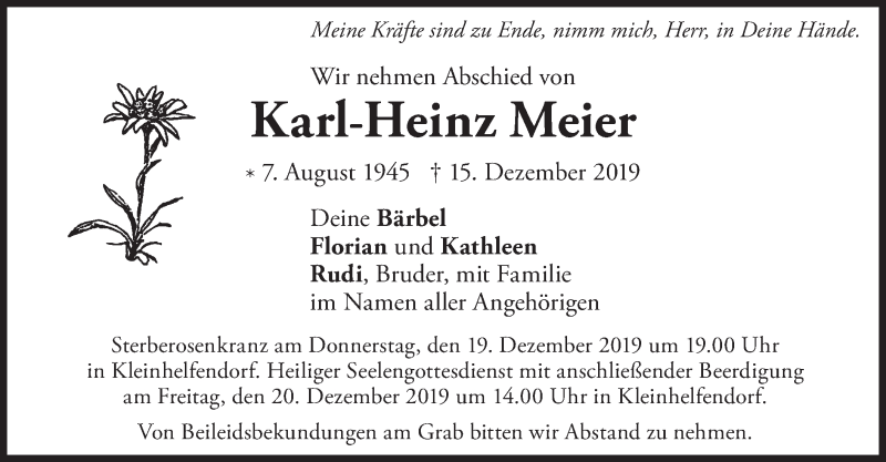  Traueranzeige für Karl-Heinz Meier vom 18.12.2019 aus merkurtz