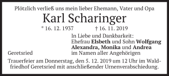 Traueranzeige von Karl Scharinger von merkurtz