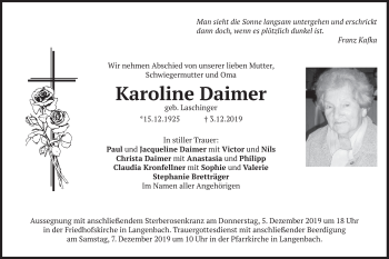 Traueranzeige von Karoline Daimer von merkurtz