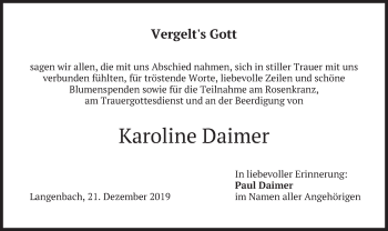 Traueranzeige von Karoline Daimer von merkurtz