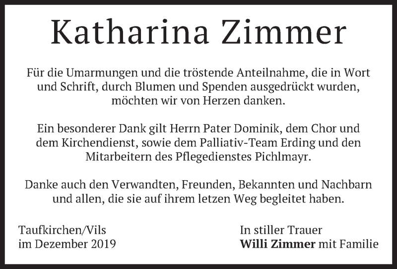  Traueranzeige für Katharina  Zimmer vom 21.12.2019 aus merkurtz