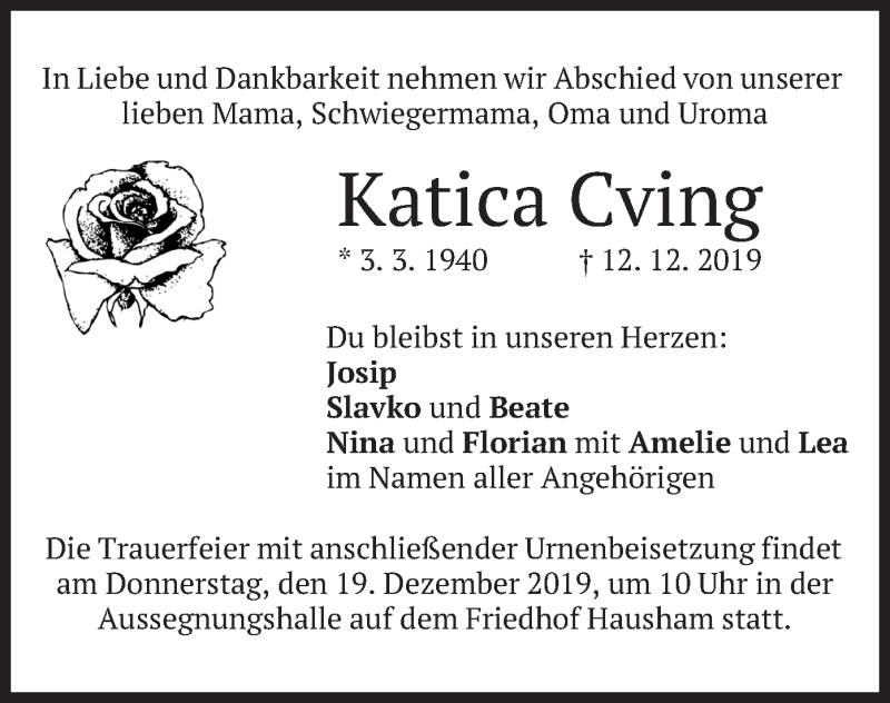  Traueranzeige für Katica Cving vom 14.12.2019 aus merkurtz