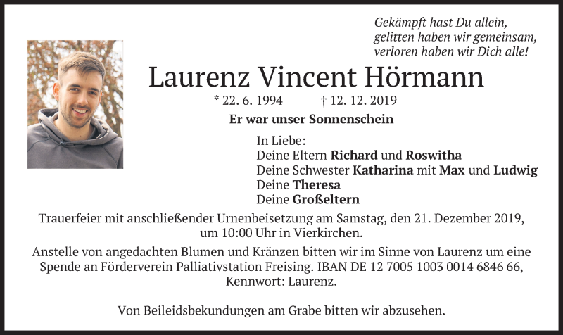  Traueranzeige für Laurenz Vincent Hörmann vom 18.12.2019 aus merkurtz