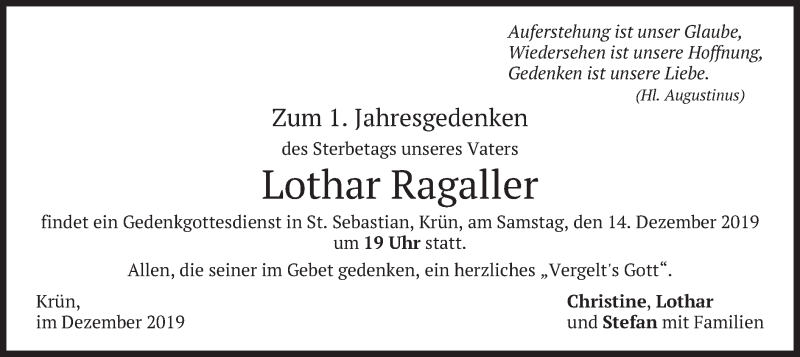  Traueranzeige für Lothar Ragaller vom 07.12.2019 aus merkurtz