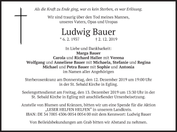 Traueranzeige von Ludwig Bauer von merkurtz