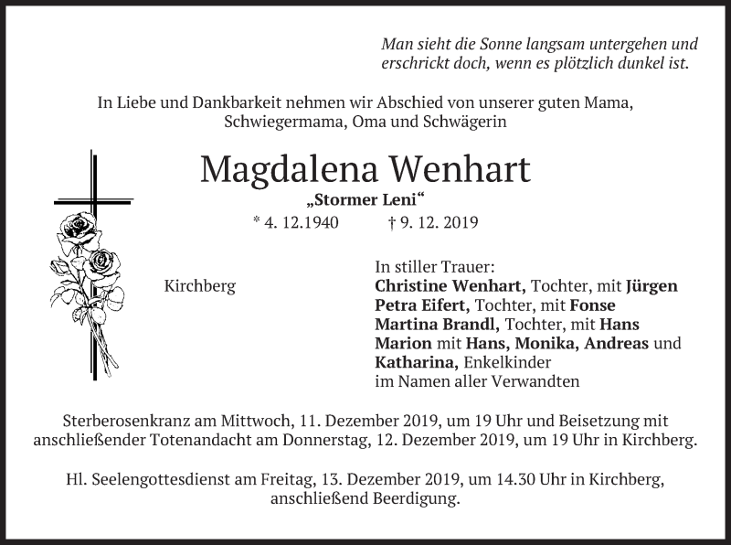  Traueranzeige für Magdalena Wenhart vom 10.12.2019 aus merkurtz