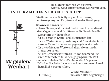 Traueranzeige von Magdalena Wenhart von merkurtz