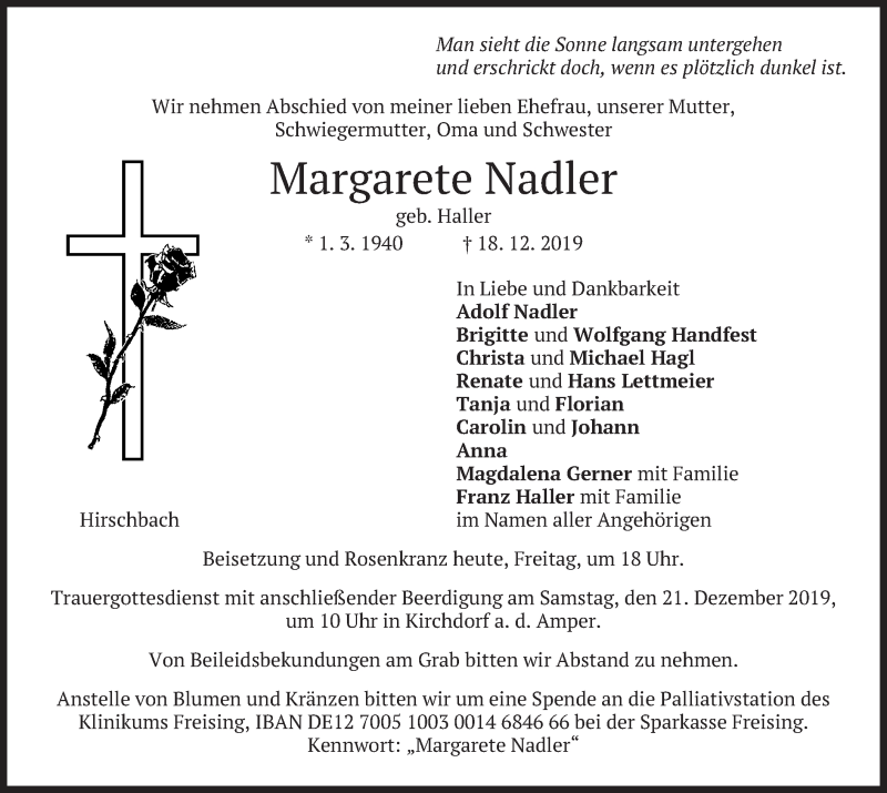  Traueranzeige für Margarete Nadler vom 20.12.2019 aus merkurtz