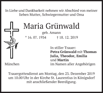 Traueranzeige von Maria Grünwald von merkurtz