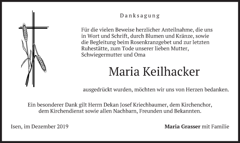  Traueranzeige für Maria Keilhacker vom 24.12.2019 aus merkurtz