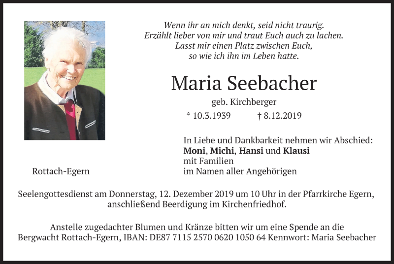  Traueranzeige für Maria Seebacher vom 10.12.2019 aus merkurtz