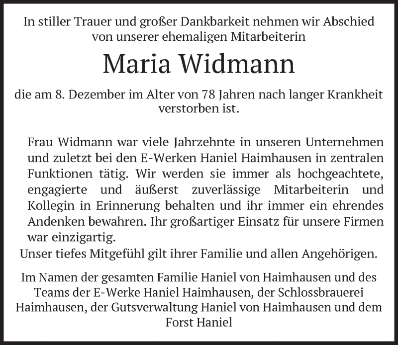  Traueranzeige für Maria Widmann vom 12.12.2019 aus merkurtz