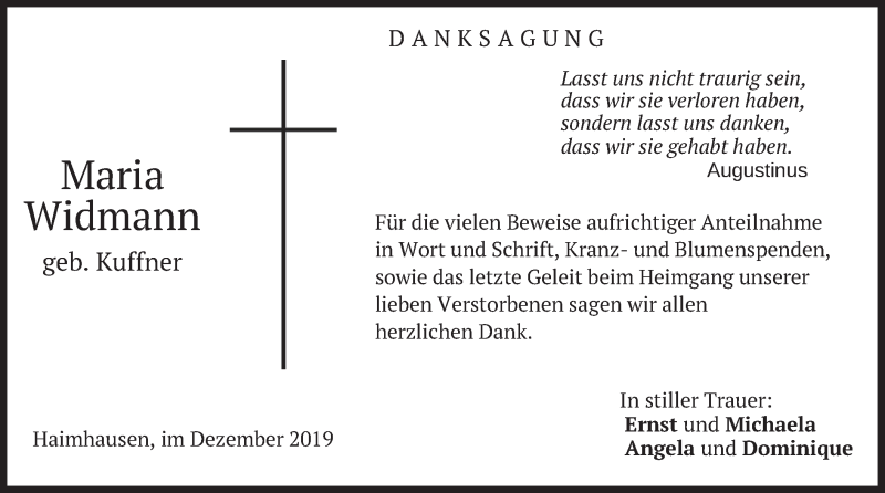  Traueranzeige für Maria Widmann vom 14.12.2019 aus merkurtz