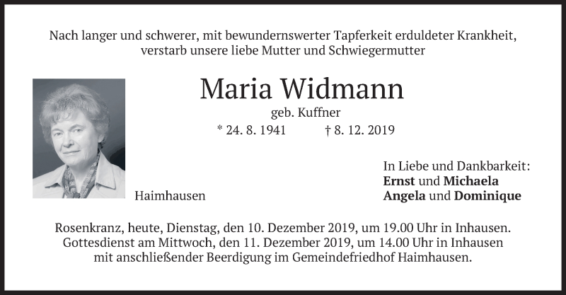  Traueranzeige für Maria Widmann vom 10.12.2019 aus merkurtz