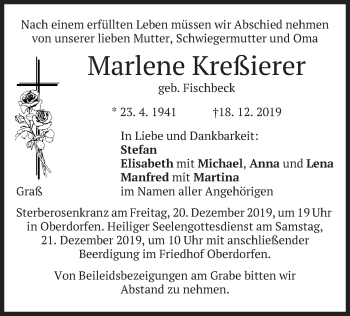 Traueranzeige von Marlene Kreßierer von merkurtz
