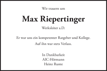 Traueranzeige von Max Riepertinger