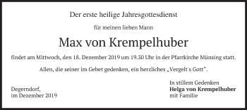Traueranzeige von Max von Krempelhuber von merkurtz