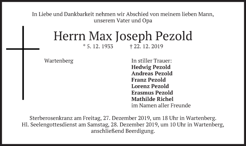  Traueranzeige für Max Joseph Pezold vom 24.12.2019 aus merkurtz