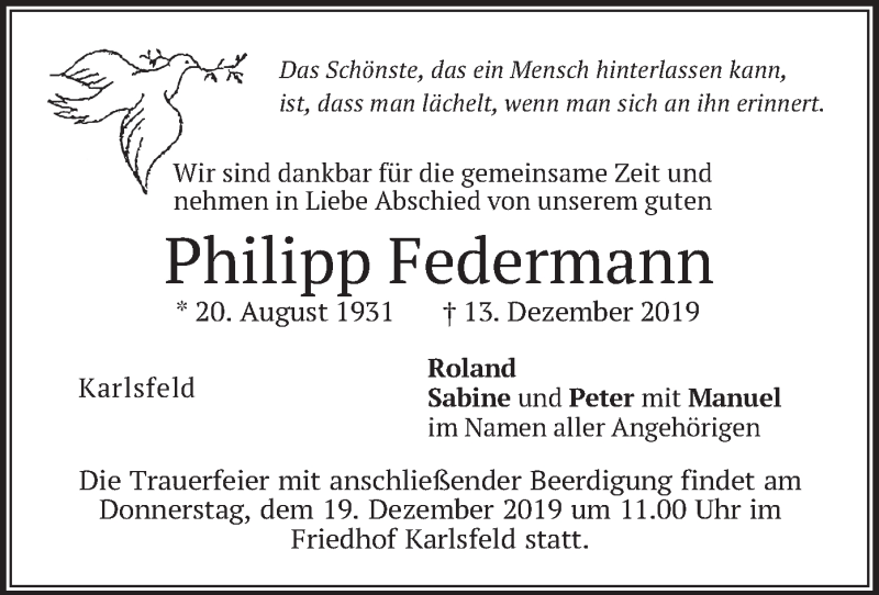  Traueranzeige für Philipp Federmann vom 16.12.2019 aus merkurtz