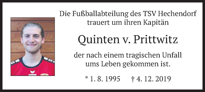  Traueranzeige für Quinten v. Prittwitz vom 14.12.2019 aus merkurtz