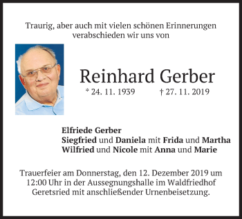 Traueranzeige von Reinhard Gerber von merkurtz