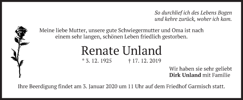  Traueranzeige für Renate Unland vom 28.12.2019 aus merkurtz