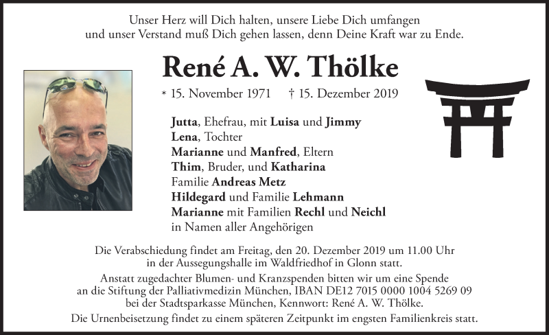  Traueranzeige für Rene A. W. Thölke vom 18.12.2019 aus merkurtz