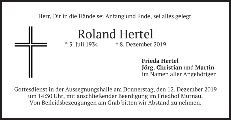  Traueranzeige für Roland Hertel vom 10.12.2019 aus merkurtz