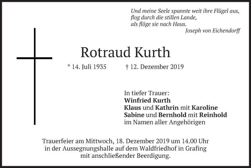  Traueranzeige für Rotraud Kurth vom 14.12.2019 aus merkurtz