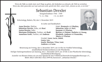 Traueranzeige von Sebastian Drexler von merkurtz