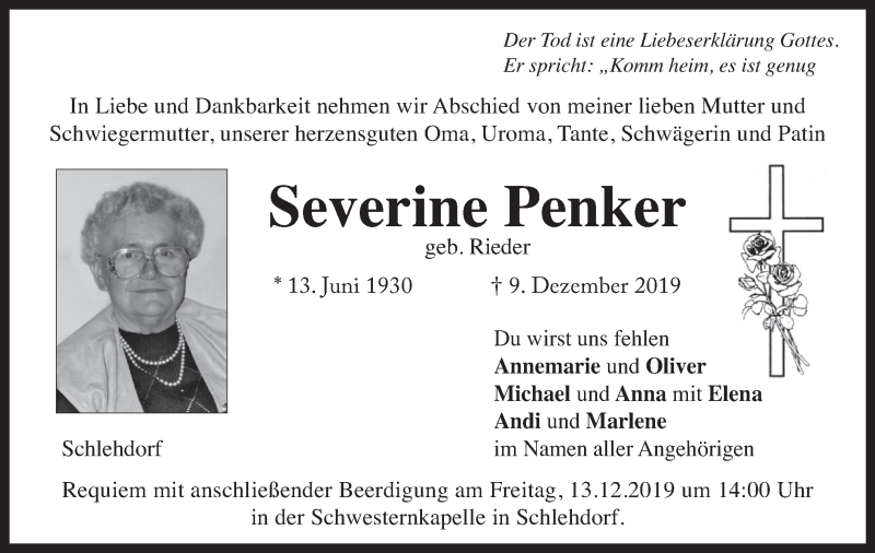  Traueranzeige für Severine Penker vom 11.12.2019 aus merkurtz