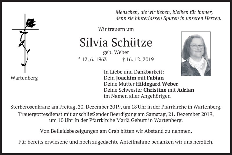  Traueranzeige für Silvia Schütze vom 19.12.2019 aus merkurtz