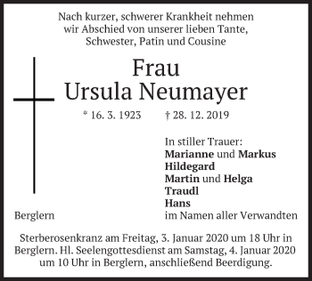 Traueranzeige von Ursula Neumayer von merkurtz