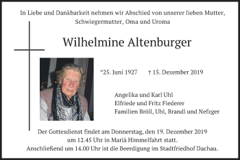 Traueranzeige von Wilhelmine Altenburger