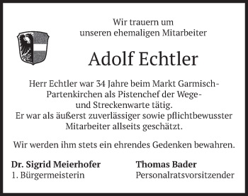 Traueranzeige von Adolf Echtler von merkurtz