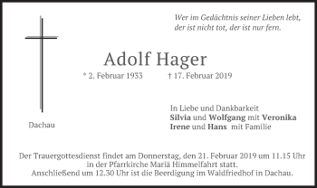 Traueranzeige von Adolf Hager von merkurtz