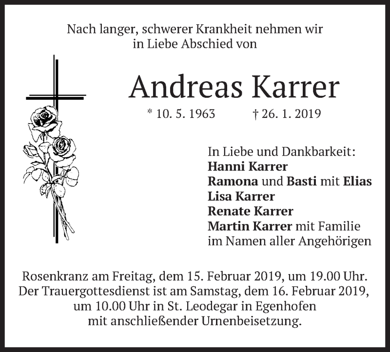  Traueranzeige für Andreas Karrer vom 09.02.2019 aus merkurtz