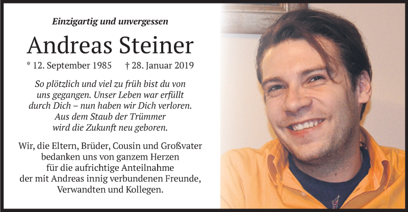  Traueranzeige für Andreas Steiner vom 16.02.2019 aus merkurtz