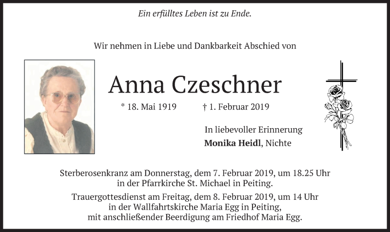  Traueranzeige für Anna Czeschner vom 06.02.2019 aus merkurtz