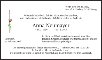 Traueranzeige von Anna Neumayer von merkurtz