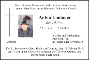Traueranzeige von Anton Lindauer von merkurtz
